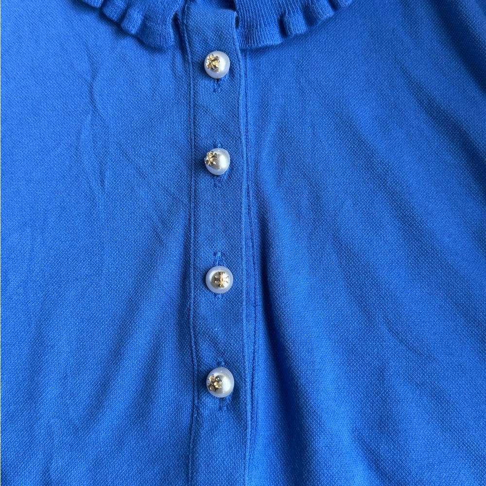 Tory Burch Blue Ruffle Collar Polo with Logo Buttons - Picture 3 of 9